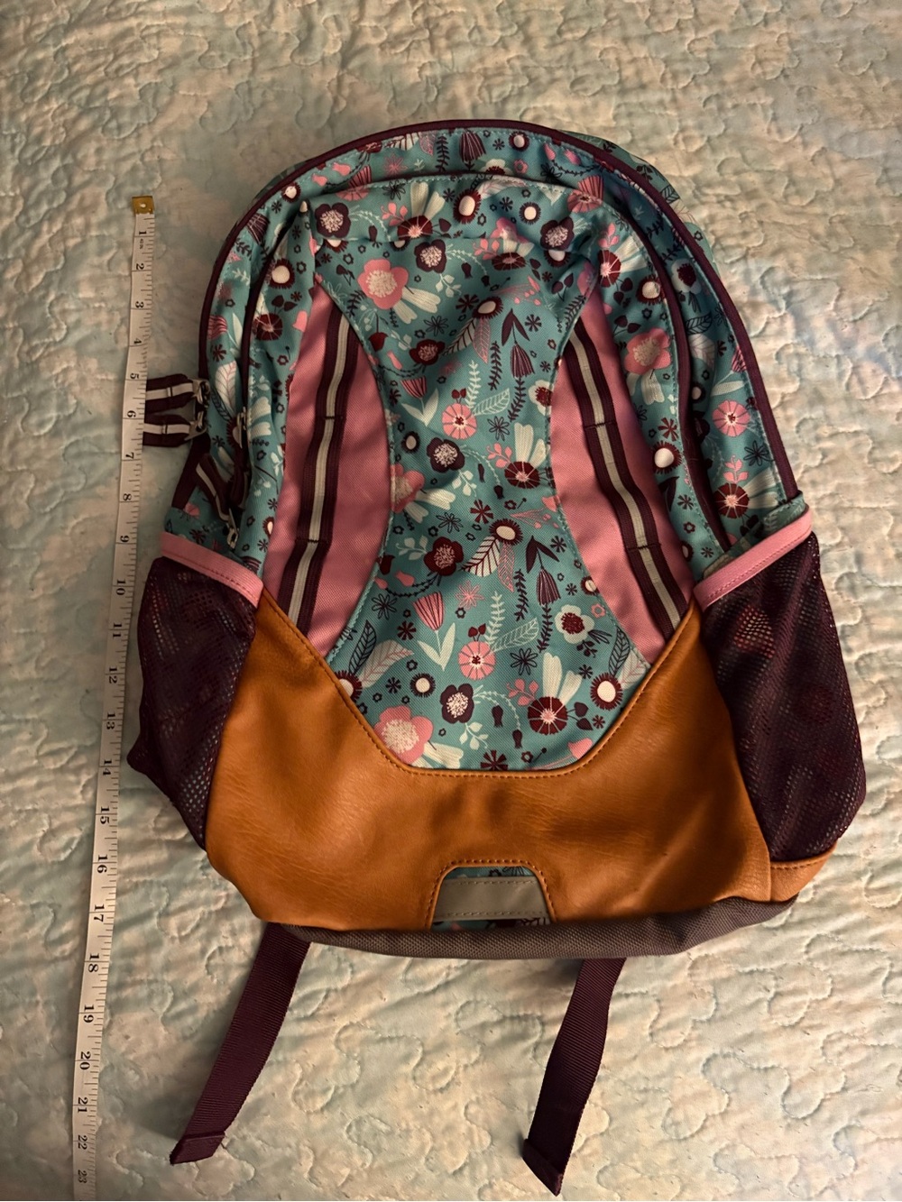 Garnet Hill Teal Floral Kids Backpack with Pink and Brown Accents